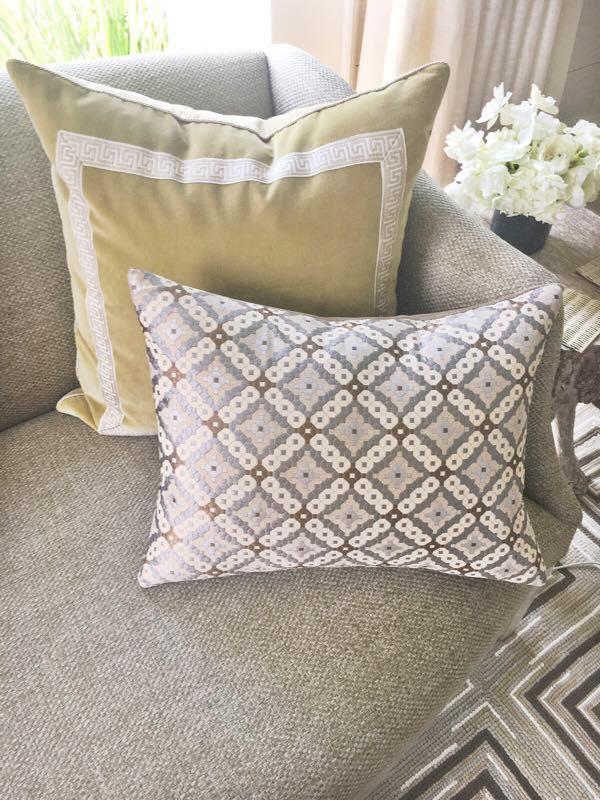 Love how these custom pillows look on our clients custom settee- beautiful sitting area for coffee and gathering with guests!