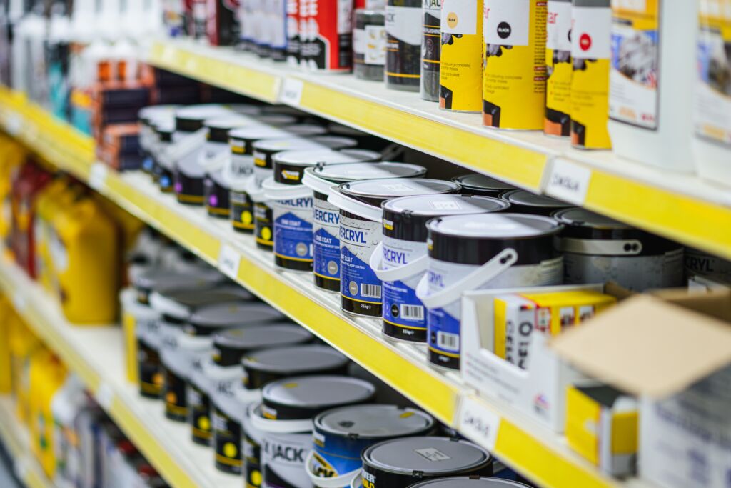 Image of paint cans on shelves