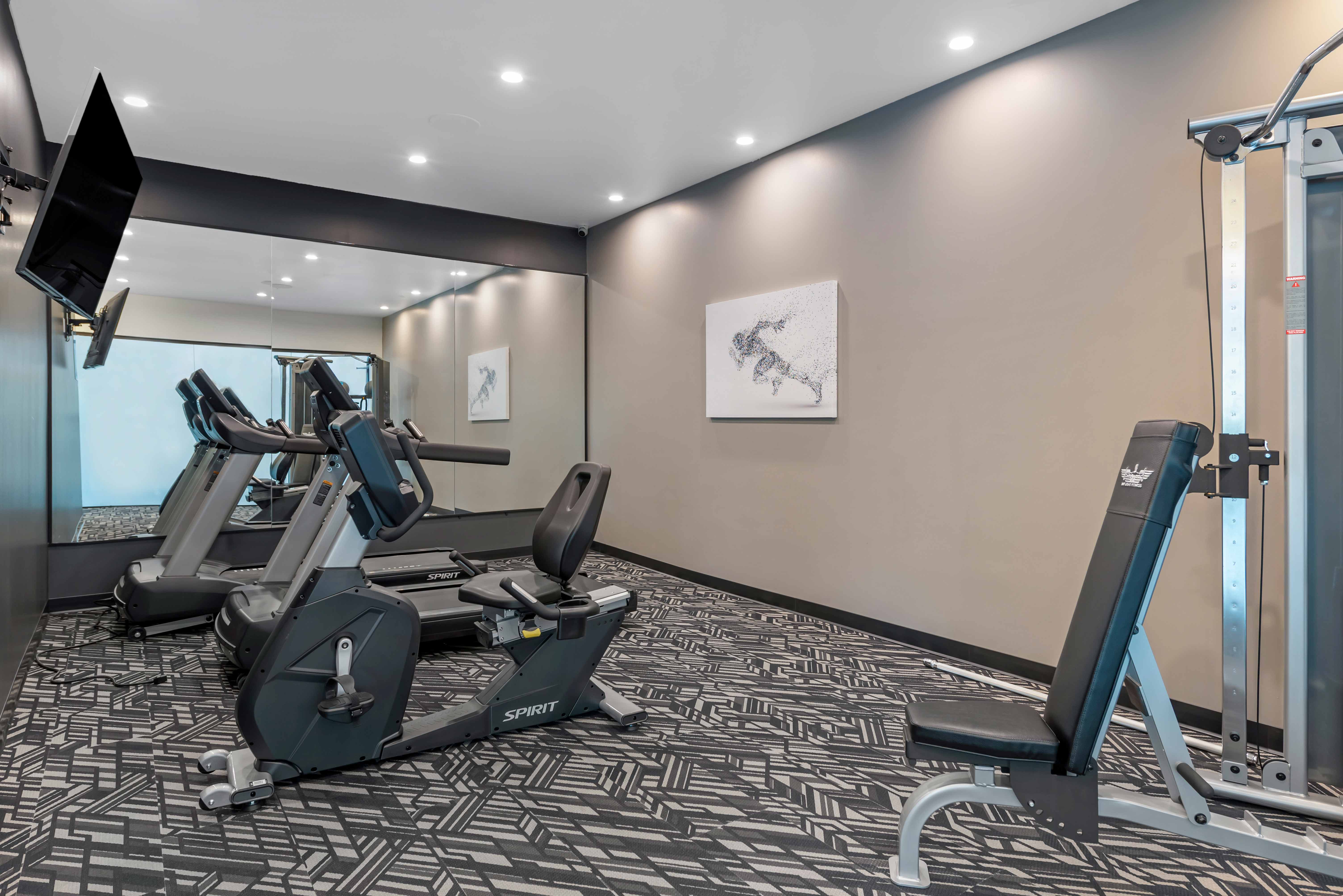 Clean fitness center with cardio and weight machines, TV, and large mirror.