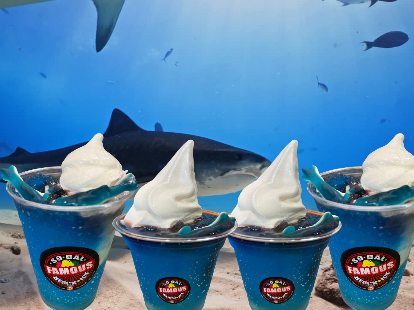 Four blue frozen drinks topped with soft serve ice cream, branded with So Cal Famous Beach Ice logos, displayed against an underwater scene with sharks. The vibrant presentation emphasizes refreshing flavors, beach vibes, and a fun, visually striking treat.