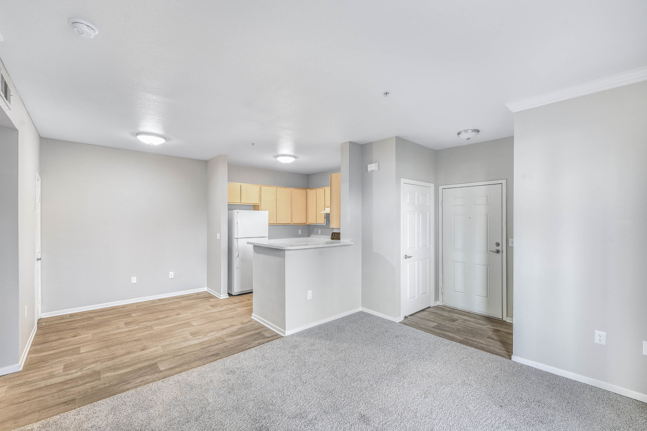 Open floor plan with kitchen and entryway