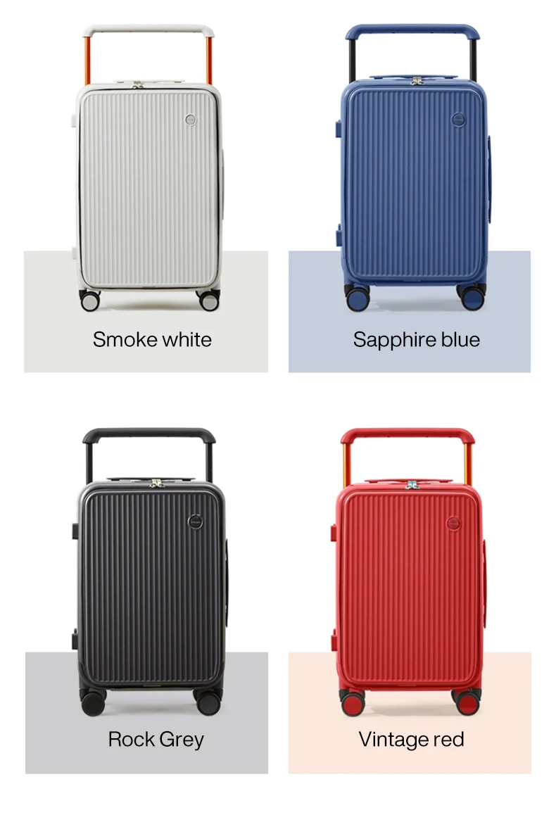 A grid of four suitcases, each presented in a different color: smoke white, sapphire blue, rock grey, and vintage red. Each suitcase has a ribbed texture, a telescopic handle, and four wheels. A small circular logo is visible on the front of each suitcase.
