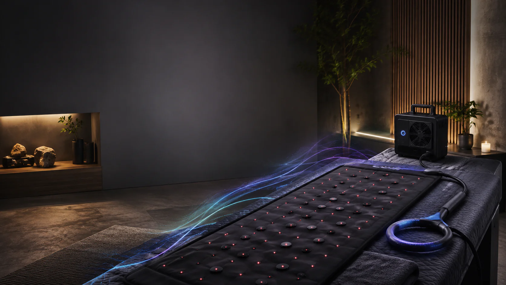 A therapeutic mat with red lights and a coil applicator rests on a massage table, surrounded by a modern, dimly lit spa-like environment. A black device with a fan and blue light sits at the head of the table. Swirling, colorful energy waves emanate from the mat, suggesting a healing or relaxing effect. The background features a tree, plants, and decorative stones, enhancing the serene atmosphere.
