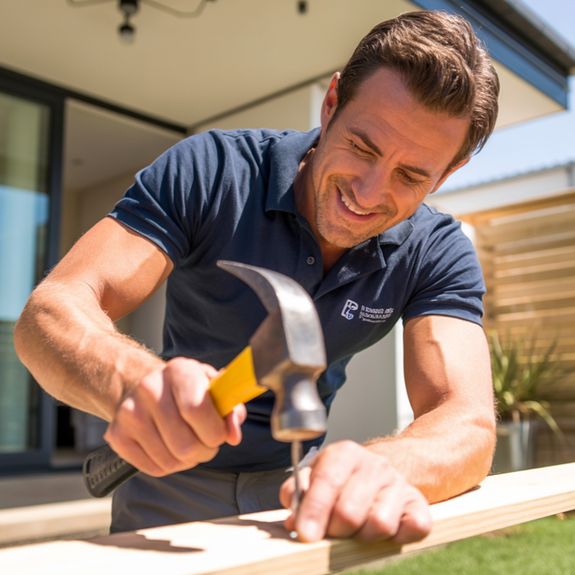 A smiling man in a navy blue polo shirt with a company logo is using a hammer with a yellow handle t 