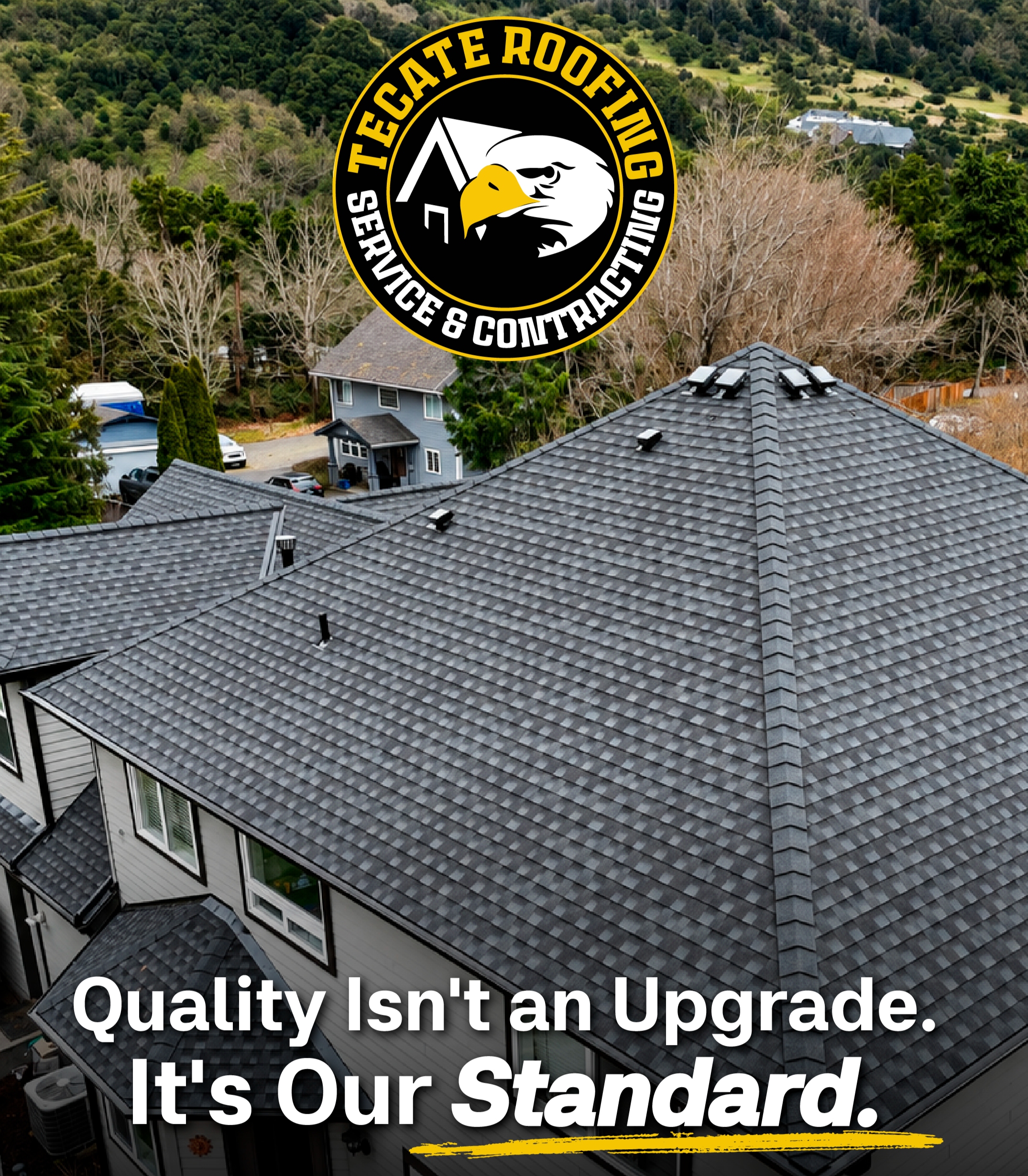 Residential roof replacement by Tecate Roofing. Durable asphalt and metal systems built for Pacific Northwest weather. Manufacturer warranty + no-down-payment guarantee. Pay only when the job is done right.