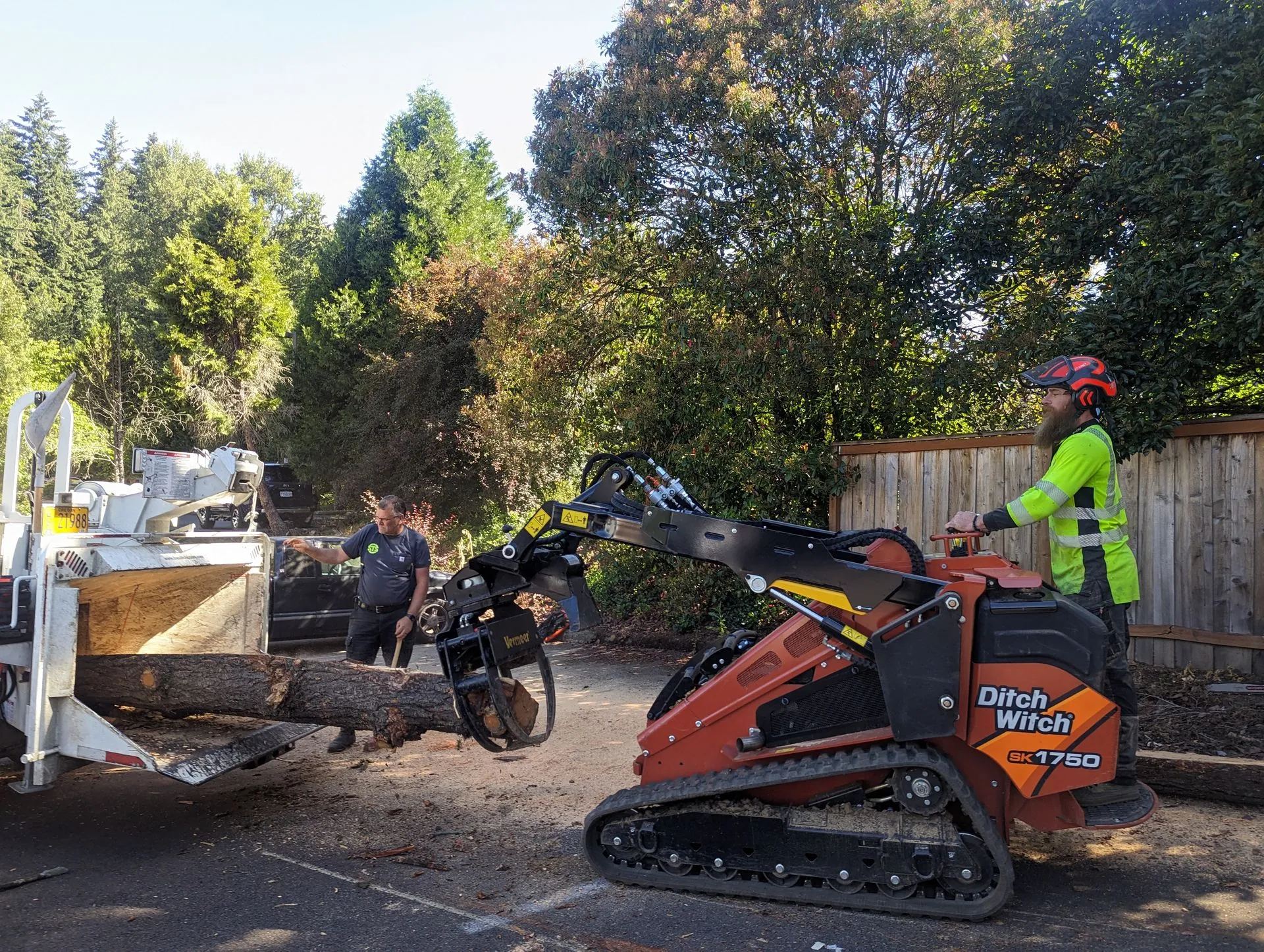 Heavy equipment loads a large tree section onto a truck for removal. The image highlights efficient  
