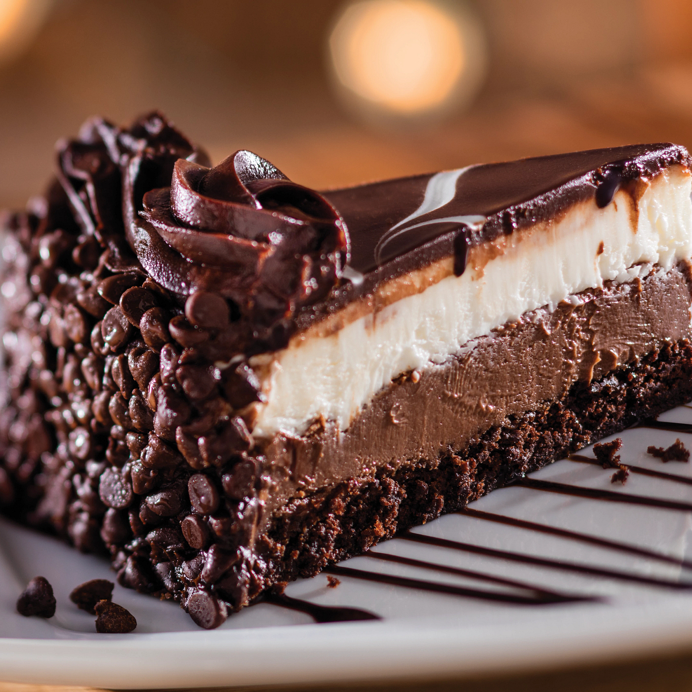 Black Tie Mousse Cake: Chocolate cake, dark chocolate cheesecake and creamy custard with icing. Olive Garden Italian Restaurant Victorville (760)245-8100