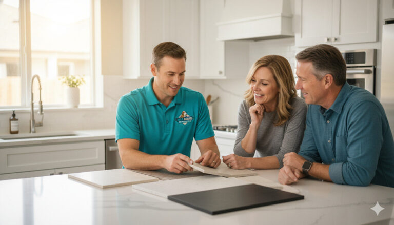 BathHound shower remodel consultant meeting with Denver-area homeowners to discuss a custom walk-in shower installation and tub-to-shower conversion project. BathHound specializes in shower remodeling, bathtub replacement, accessible bath upgrades, and modern shower installation services throughout Denver, Aurora, Arvada, Westminster, Centennial, Littleton, and surrounding Colorado communities.