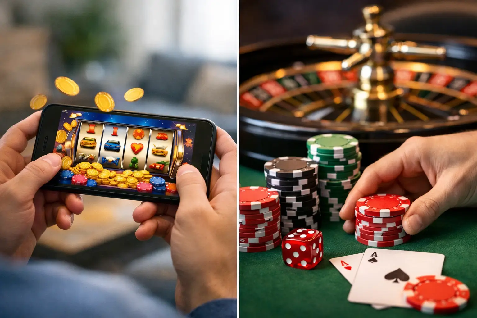 The image is split into two halves, showing different aspects of gambling. On the left, a person holds a smartphone displaying a slot machine game with animated gold coins falling. On the right, a close-up shows a hand reaching for casino chips stacked next to a roulette wheel, dice, and playing cards on a green felt surface. This visually represents the contrast between online social casino gaming and traditional casino environments.