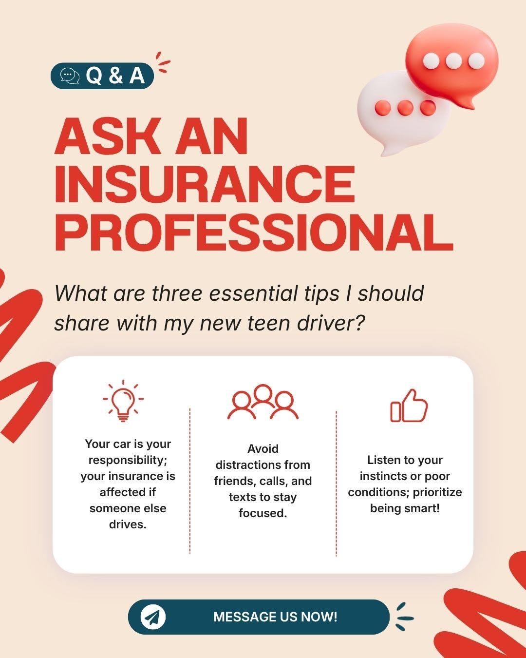 Got a new teen driver hitting the road? Keep them safe with a few simple habits: put phones away, follow speed limits, give other cars extra space, and always keep their license and registration handy. Have questions about adding a teen to your policy? Reach out today—we’re here to help!