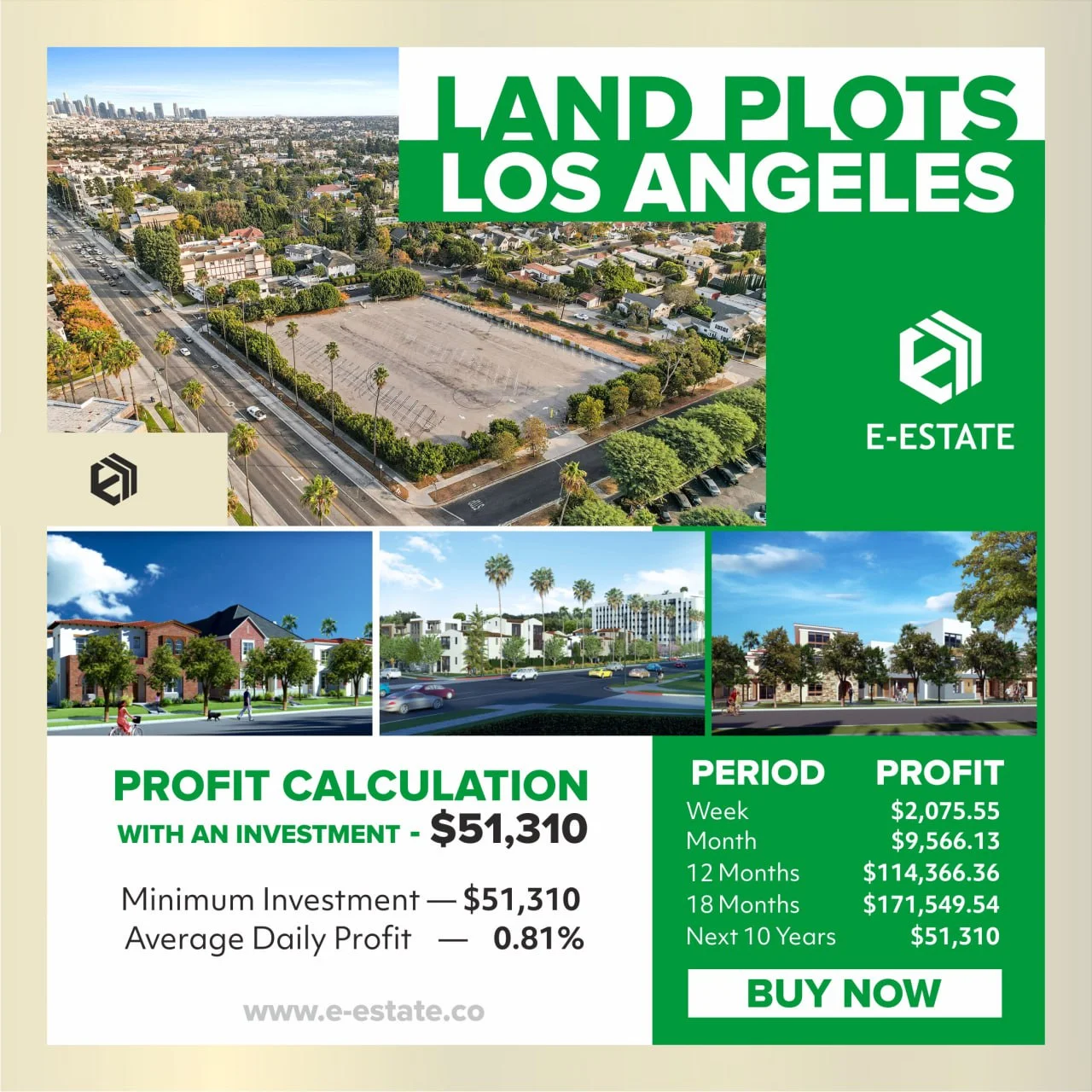 A real estate advertisement for land plots in Los Angeles, featuring a scenic aerial view of the cit 