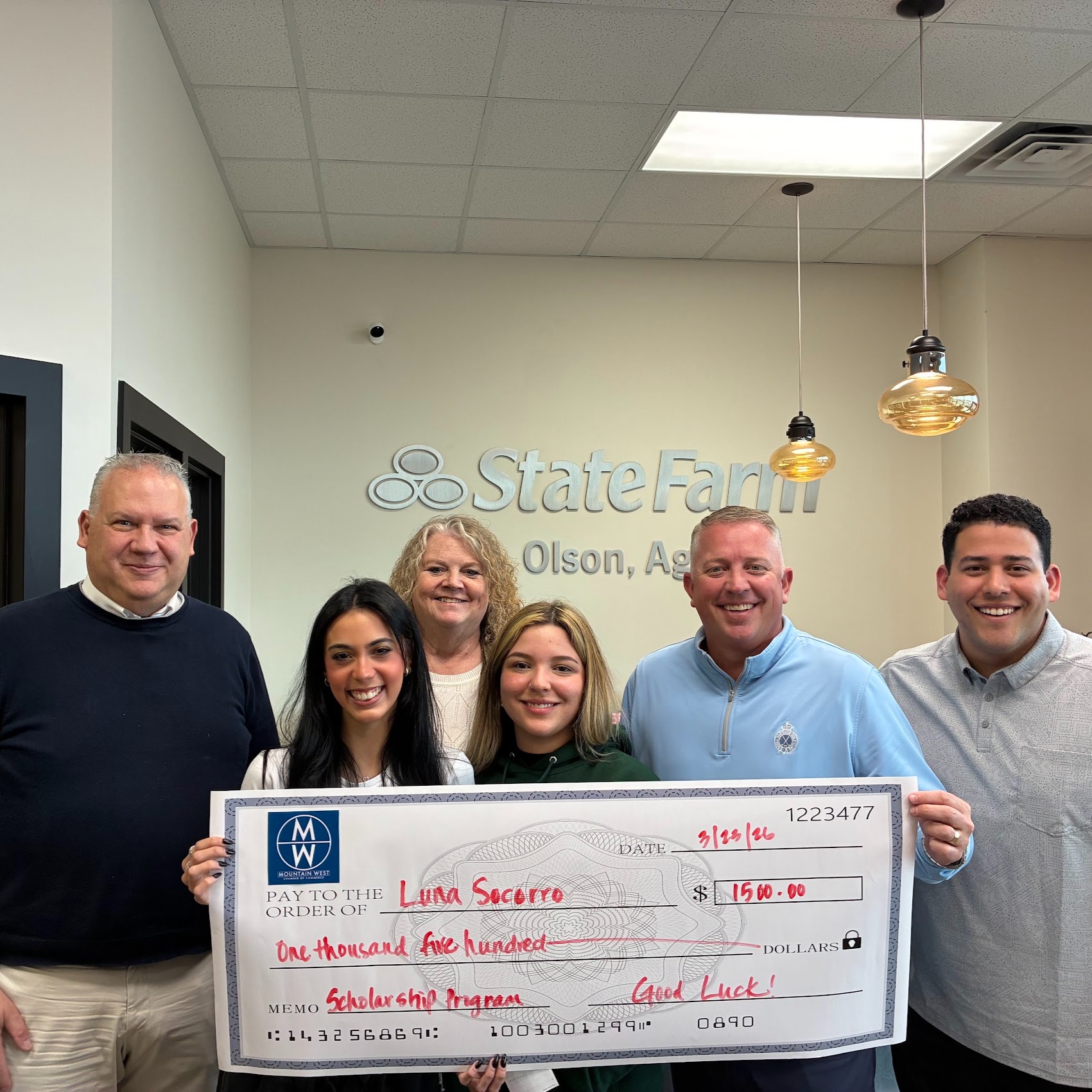 So excited to be able to award $1500 for the Mountain West Scholarship program. Give TJ Olson State Farm a call today for a free insurance quote!