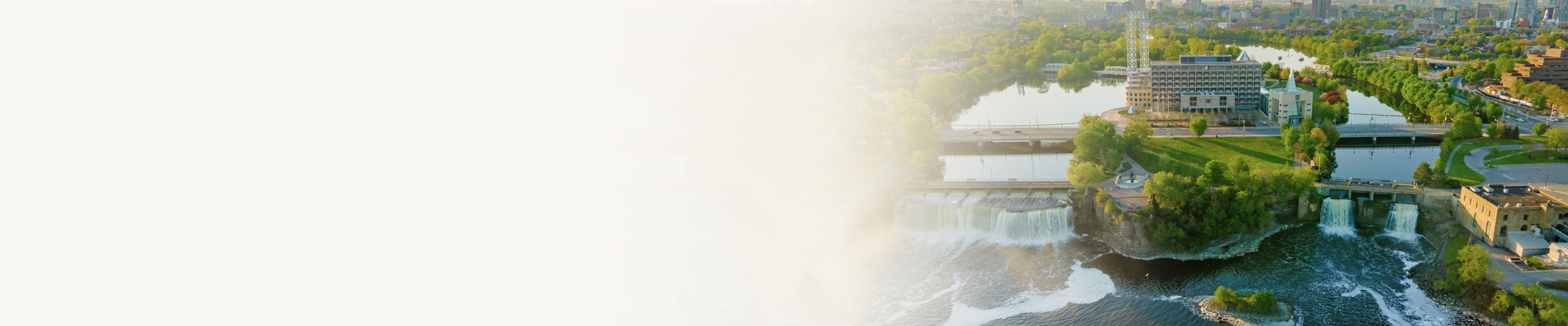 An aerial view of Rideau Falls in Ottawa at sunrise.