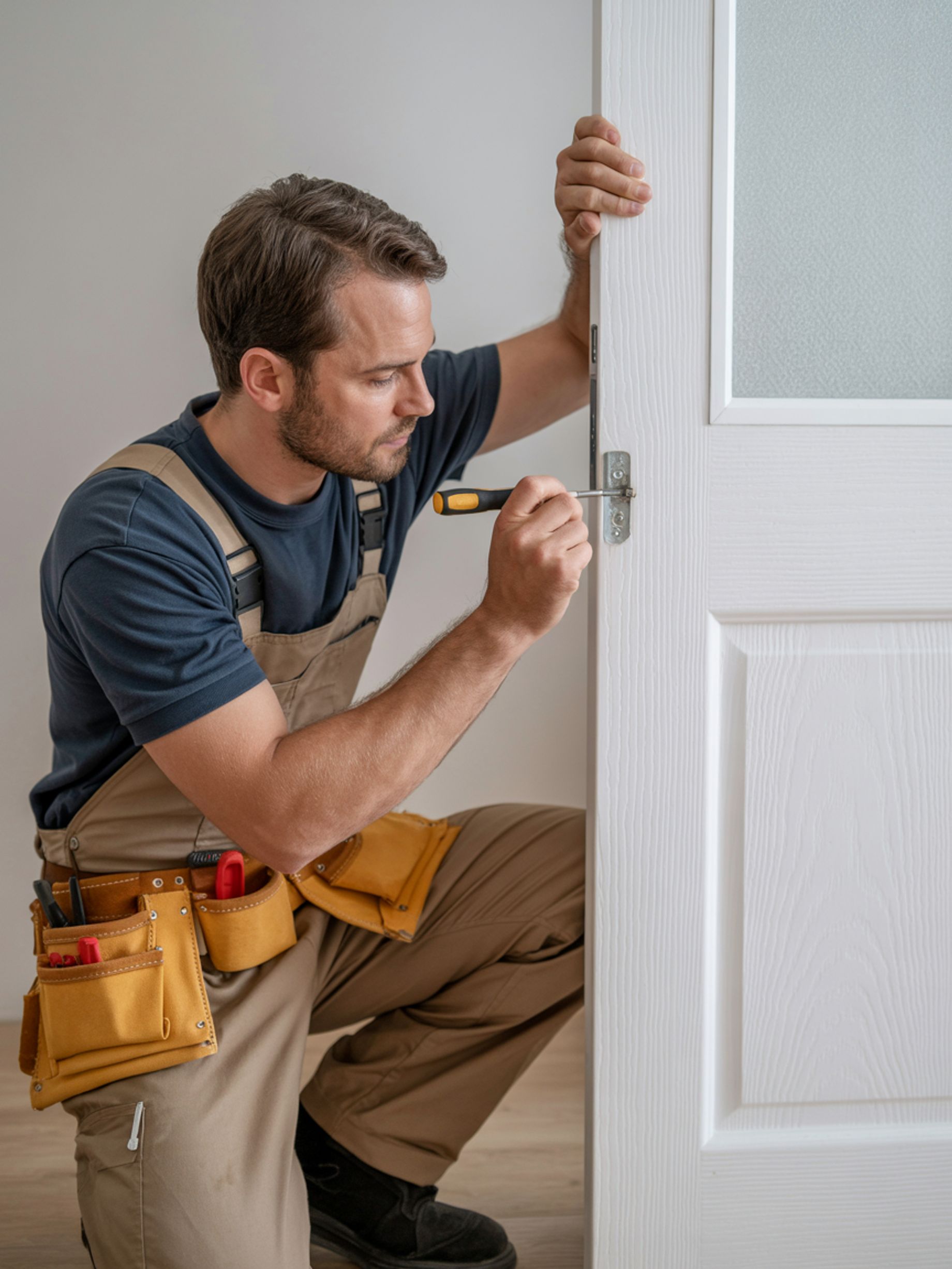 A male carpenter wearing a navy blue t-shirt, tan overalls, and a yellow tool belt is kneeling and u 