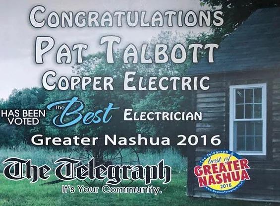 Greater Nashua Best Electrician 2016 Copper Electric LLC Mont Vernon (603)521-4742