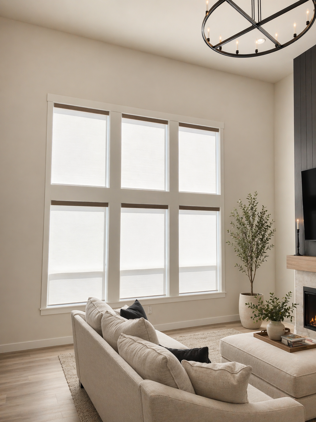 Family room with Collections and Co. automated roller shades