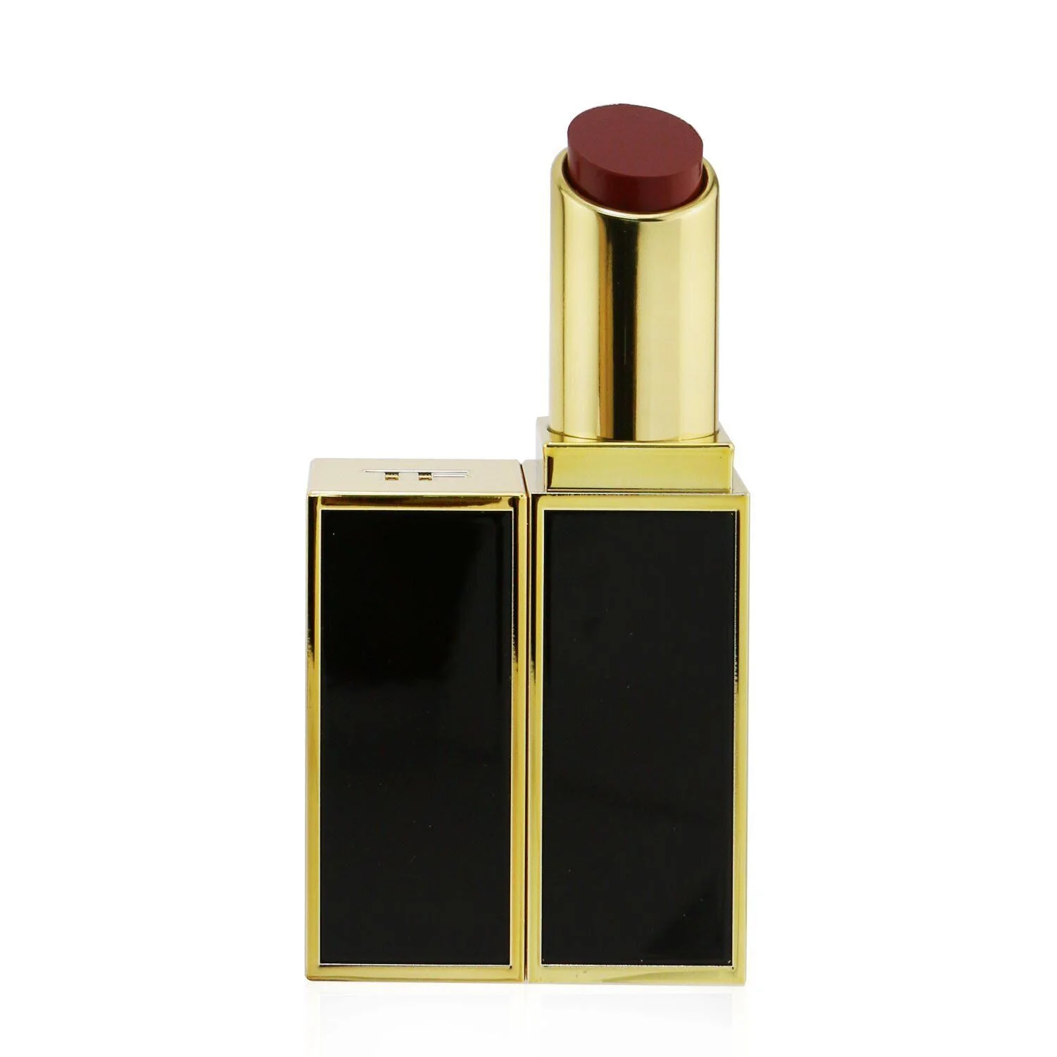 A close-up studio shot of a designer lipstick with a gold casing and a dark red lipstick bullet. The lipstick is partially open, revealing the bullet at an angle. The casing is predominantly black with gold trim, and the top section, where the lipstick emerges, is entirely gold. The background is a plain white, suggesting a product photography setup.