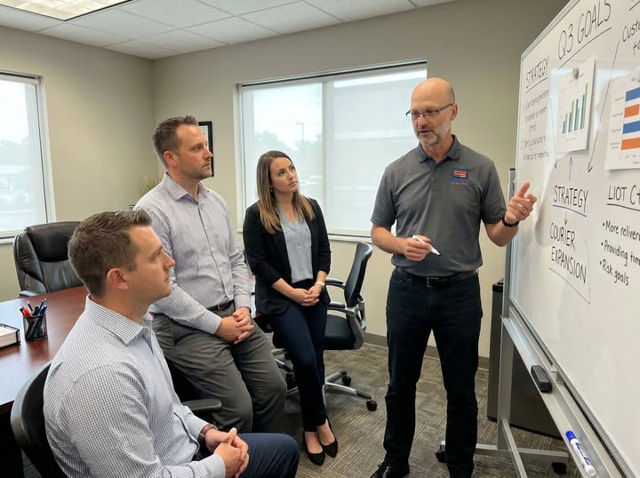 The Courier Source team conducting a strategic planning meeting in their office. Presenting growth charts, strategy milestones, and customer service goals on a whiteboard to ensure efficient, reliable courier operations across Minnesota.