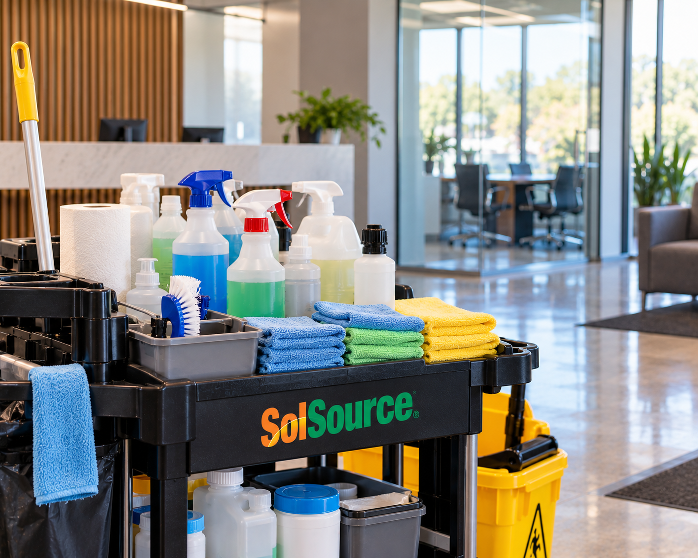 A SolSource janitorial cart stocked with cleaning solutions, microfiber cloths, brushes, and other supplies inside a modern commercial facility.