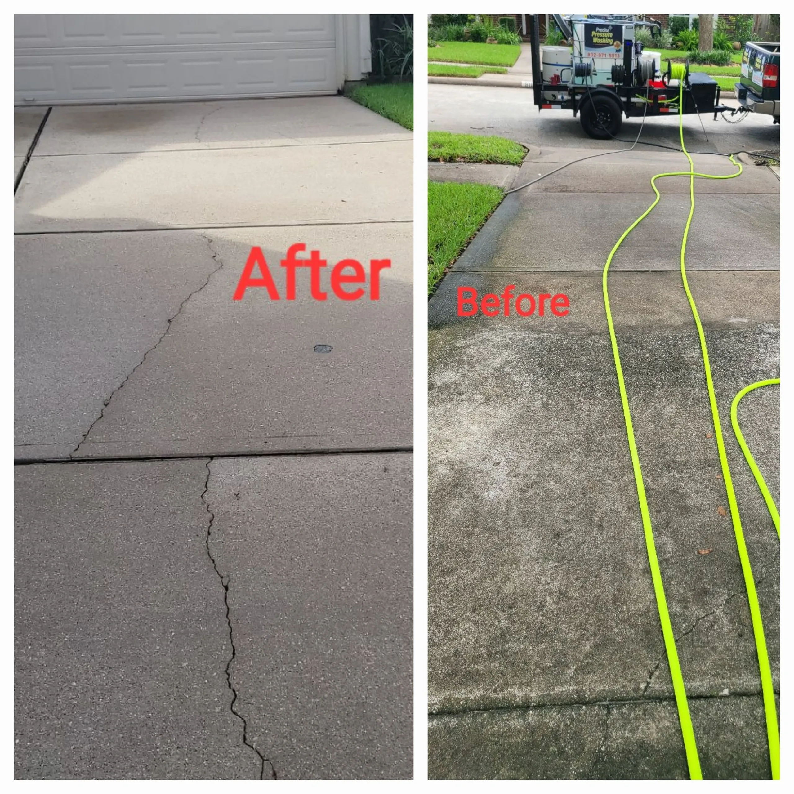 A split image showcasing a 'before' and 'after' of a pressure washing service on a concrete driveway and patio. The left side, labeled 'After', shows a cleaner, lighter concrete surface with a garage door in the background. The right side, labeled 'Before', displays a dirty, stained concrete area with a pressure washing trailer and a bright yellow hose leading to the surface. Green grass borders the driveway in both sections.