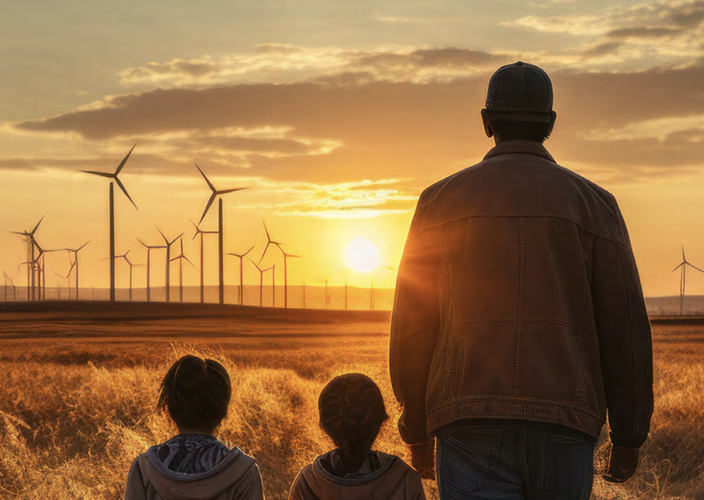A man and his two kids looking at windfirm at sunset.