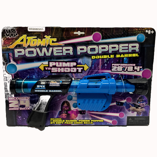 The Atomic Power Popper Double Barrel fires soft foam ammo balls in rapid succession with twice the firepower.  Includes a double barrel power popper and 24 soft foam ammo balls.  Powered by pump action.  The quicker you pump, the faster and further the foam balls shoot.  Shoots up to 28 feet.  The balls are loaded into the end of the of the barrel.