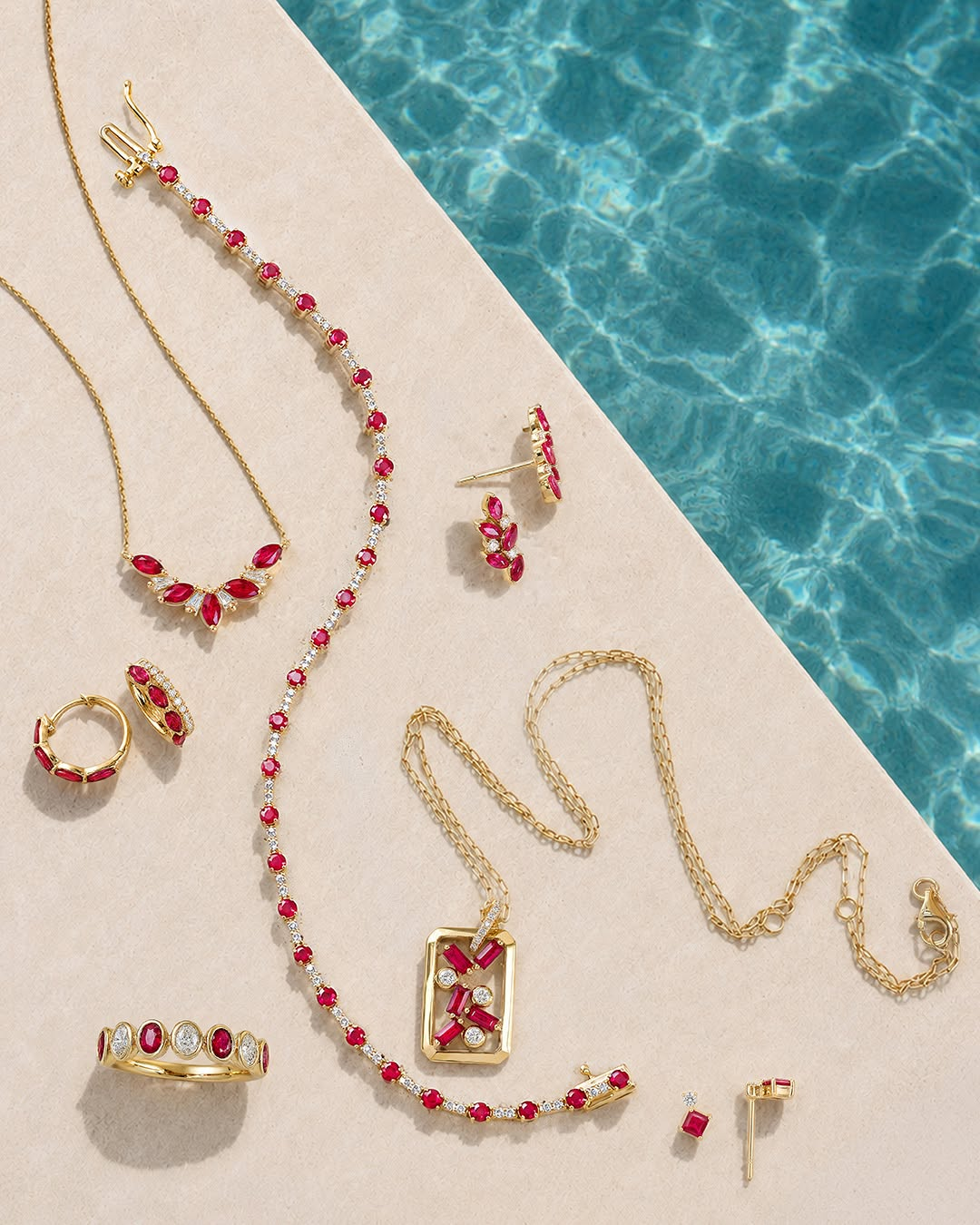 Celebrate July birthdays with a stunning ruby jewelry collection featuring yellow gold rings, necklaces, bracelets, earrings, and diamond accents. Timeless birthstone gifts with vibrant elegance.