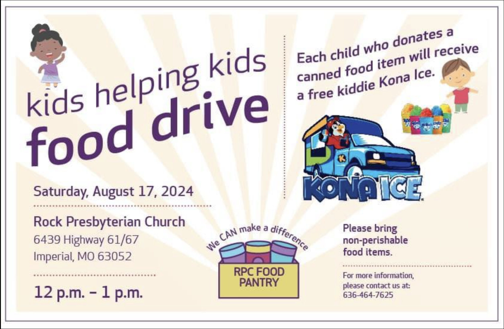 Sharing a food drive this Saturday near our office! We encourage you to get out and support the local community this weekend if possible. Kids get a free Kona Ice with a donation of a canned good. August 17 from 12pm-1pm