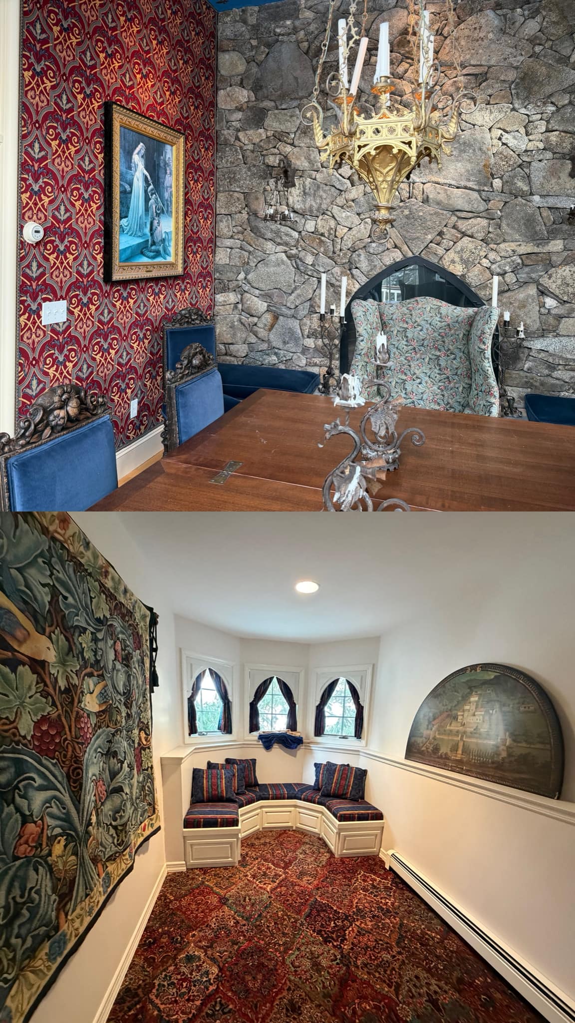 A cozy window alcove offers a charming built-in seating nook framed by arched windows and layered with classic textiles. A richly patterned rug, decorative wall tapestry, and custom bench seating create an inviting retreat ideal for reading, relaxing, or enjoying mountain views. The architectural detailing adds warmth and timeless appeal.
