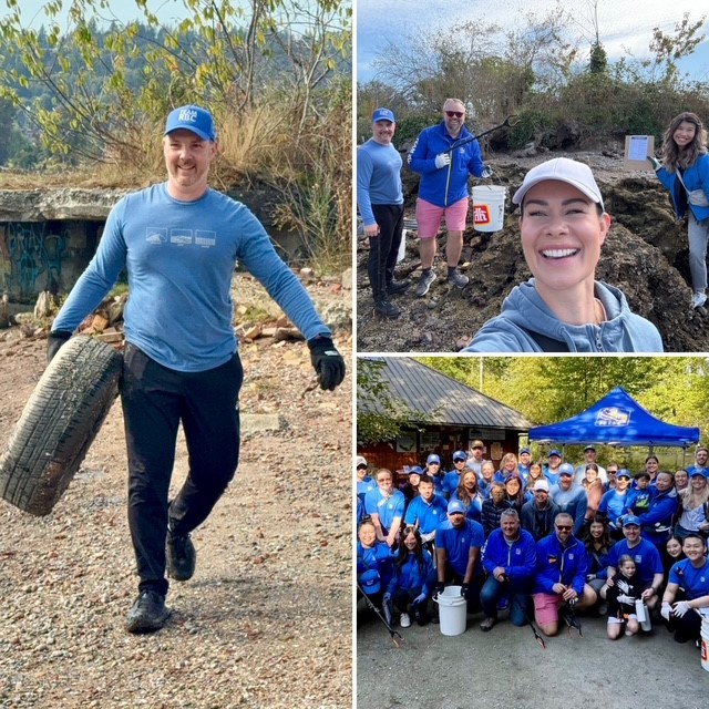 Collage of volunteer cleanup event: woman carrying tire, woman smiling at camera, volunteers working outdoors, large group team photo under blue tent.