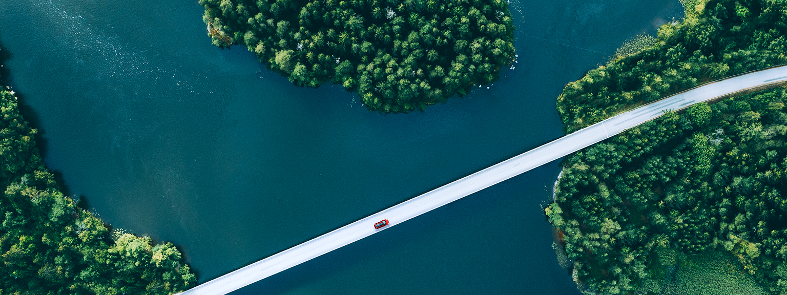 A bridge over a lake, surrounded by dense forest.