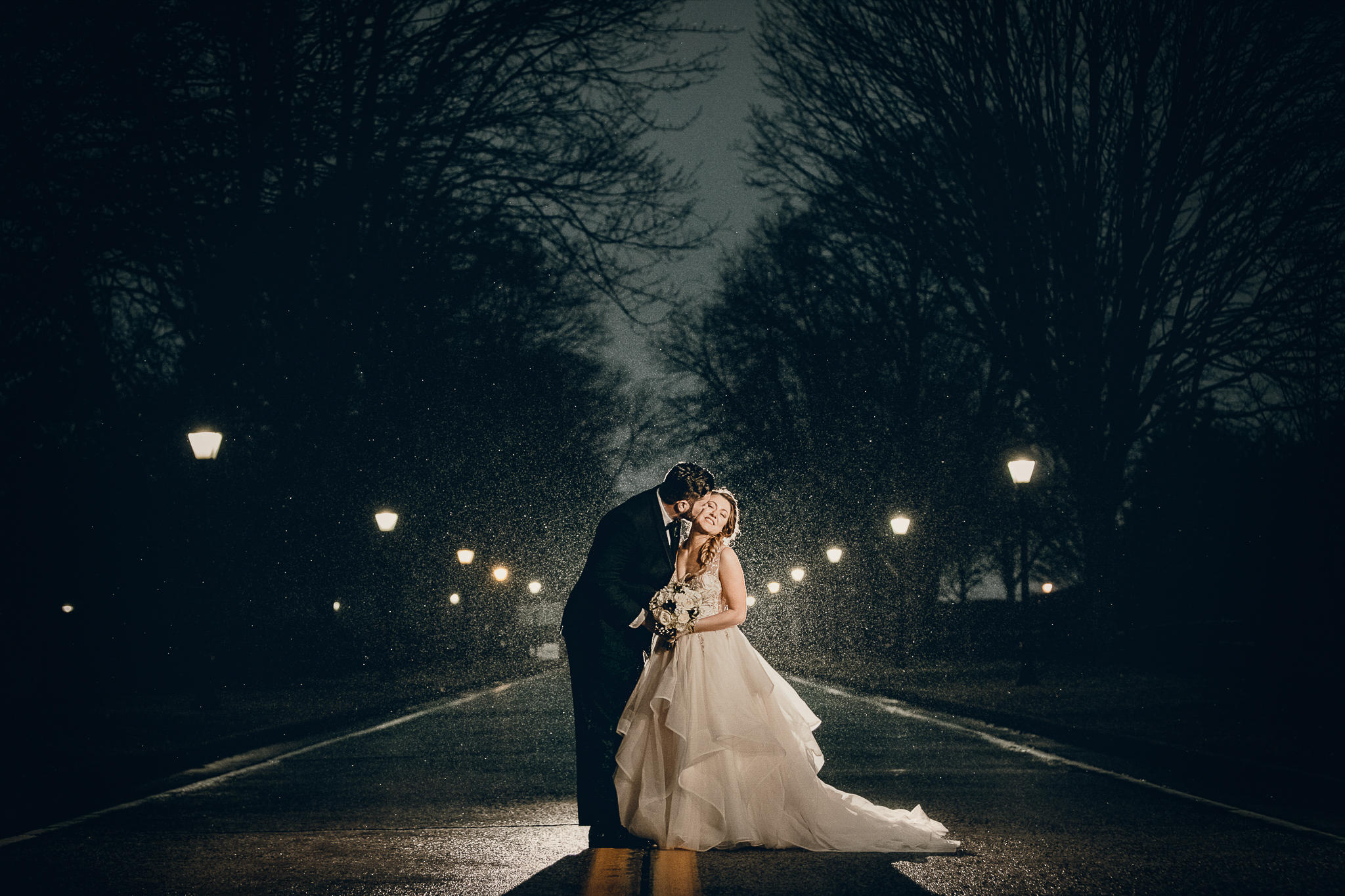 Night Wedding Photo on an empty street