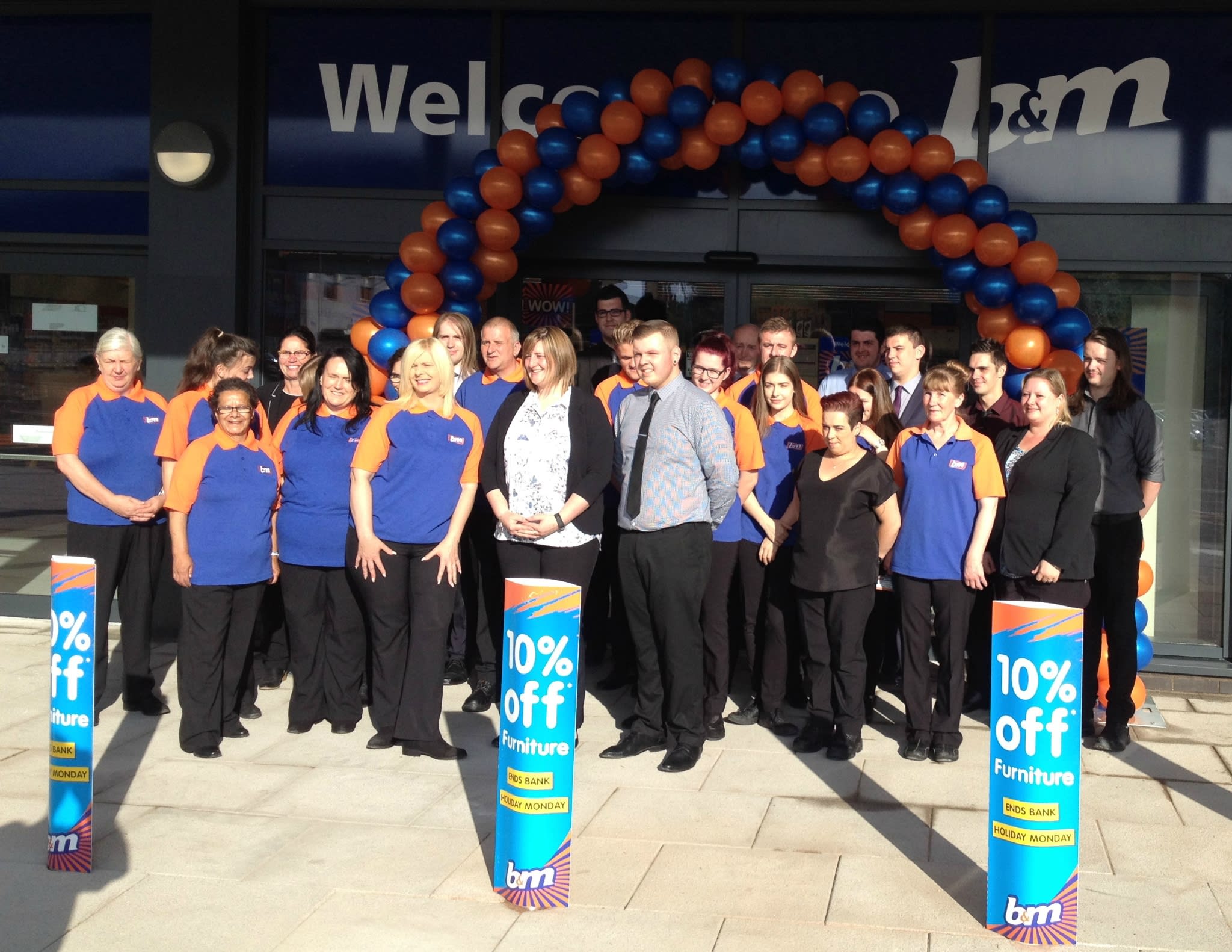 B&M Kingsmead's store team pose in front of the brand new Home Store at Kingsmead Retail Park, Stafford.