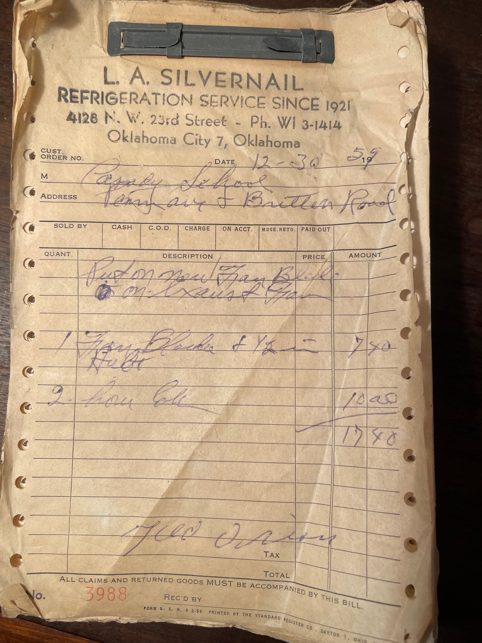 1959 Invoice 
L A Silvernail
REFRIGERATION SERVICE SINCE 1921