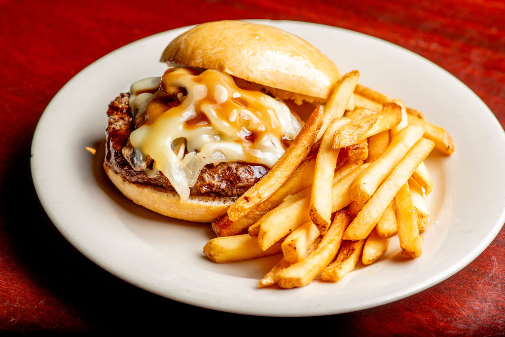 deSha&rsquo;s Specialty Burger: grilled onions, mushrooms, bordelaise, swiss cheese, brioche, french fries