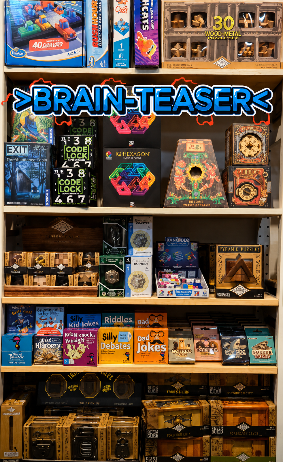 Keep your brain active during this summer vacation with a engaging BRAIN TEASER!
Wooden classics, Puzzle Boxes, Escape Games and More!