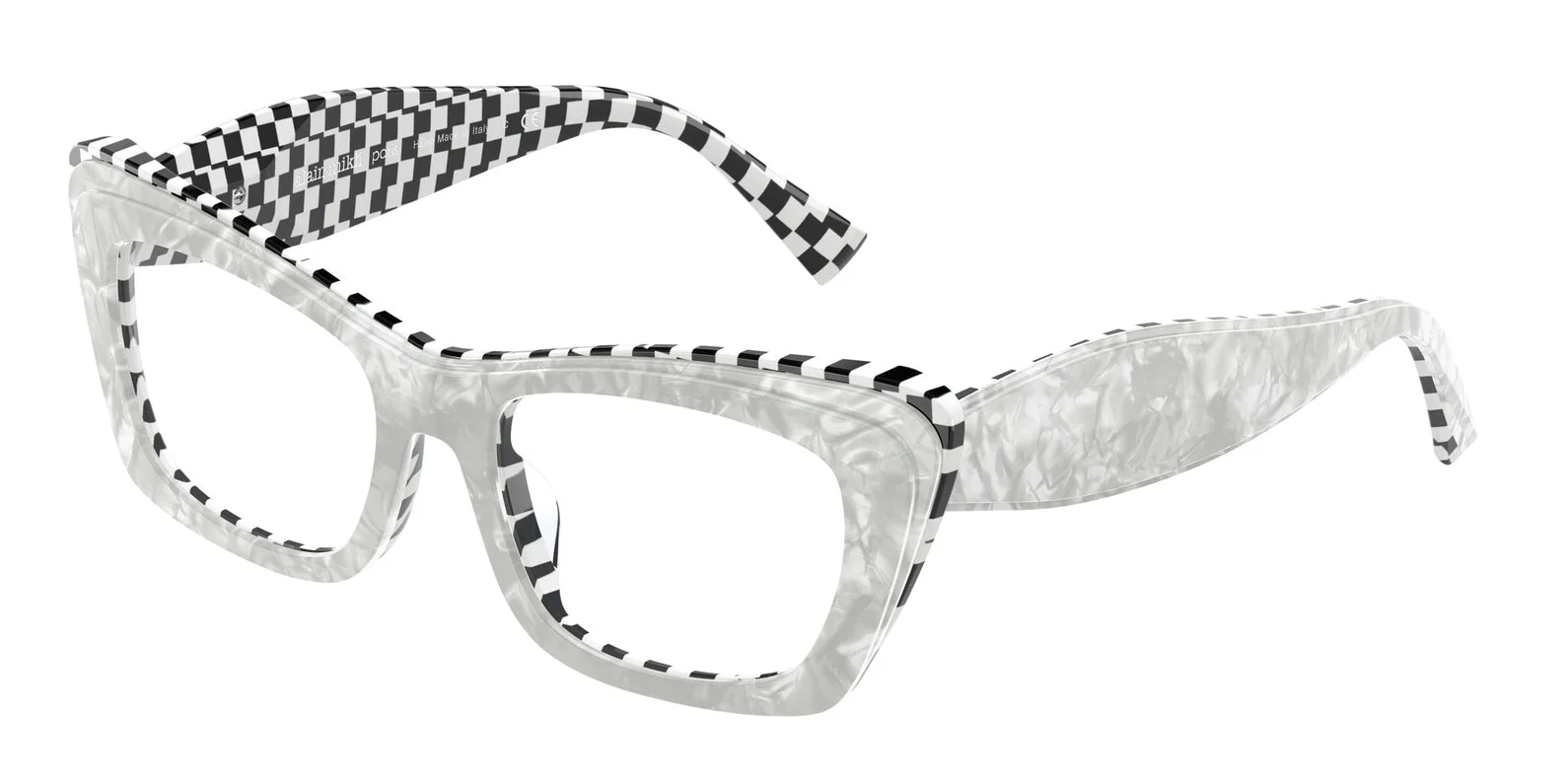A pair of Alain Mikli eyeglasses with a bold black and white checkerboard pattern on the arms and a mother-of-pearl-like white finish on the frames. The glasses are displayed against a white background.