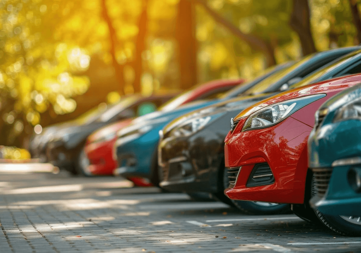 A row of cars parked on a paver surface, with sunlight filtering through trees overhead, creating a warm, golden glow.