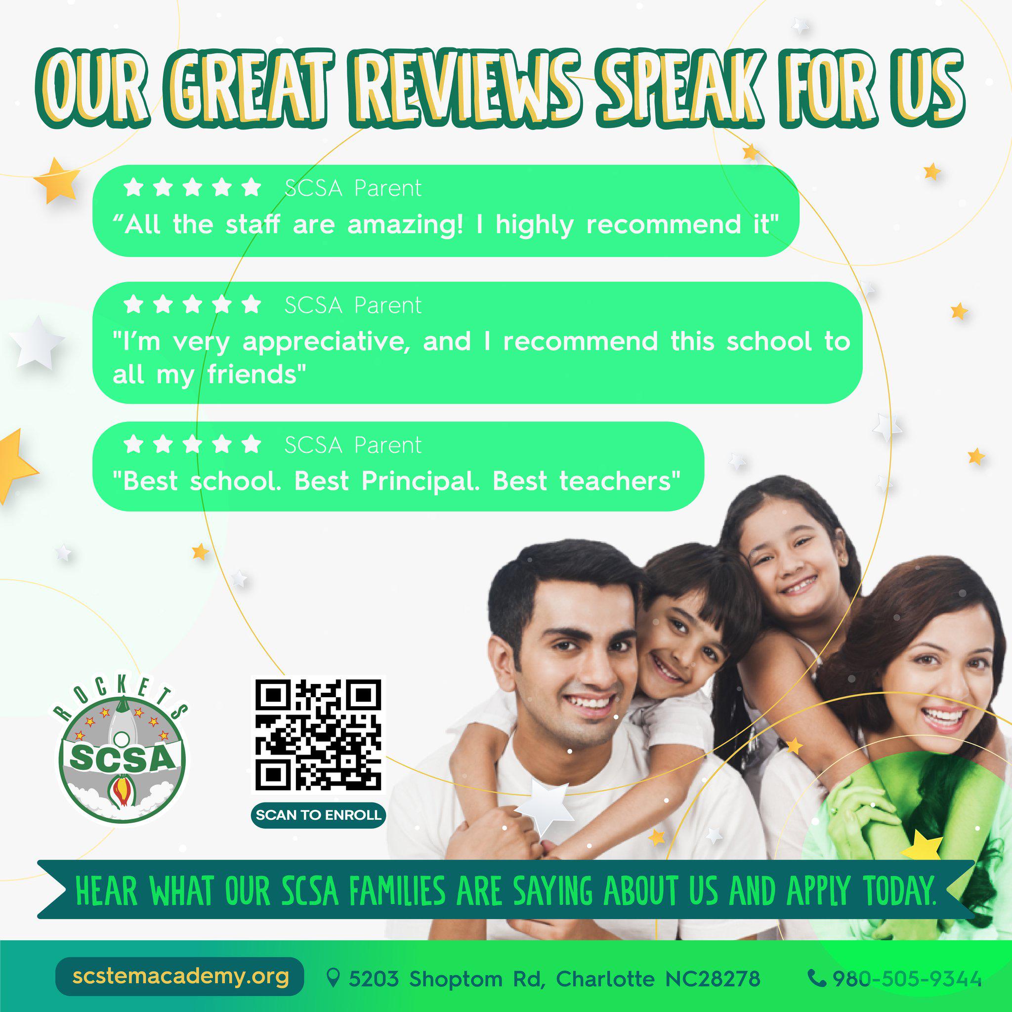 We are proud of our parent community here at Southwest Charlotte STEM Academy. Our amazing reviews talk by themselves.   Spread the word about SCSA and refer us to your friends! We are always thrilled to welcome new students. â¡ Apply for the 2022-23 school year at https://scstemacademy.org  ReferaFriend  ReferUs