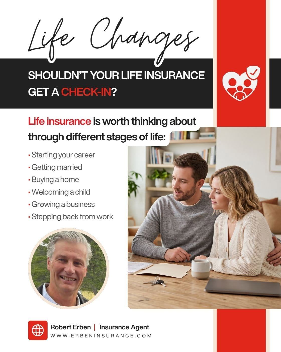 Life changes, and your life insurance needs may change too. A new job, marriage, home, or growing family can be a good time to review your coverage. Our team is here to answer questions and discuss your options.