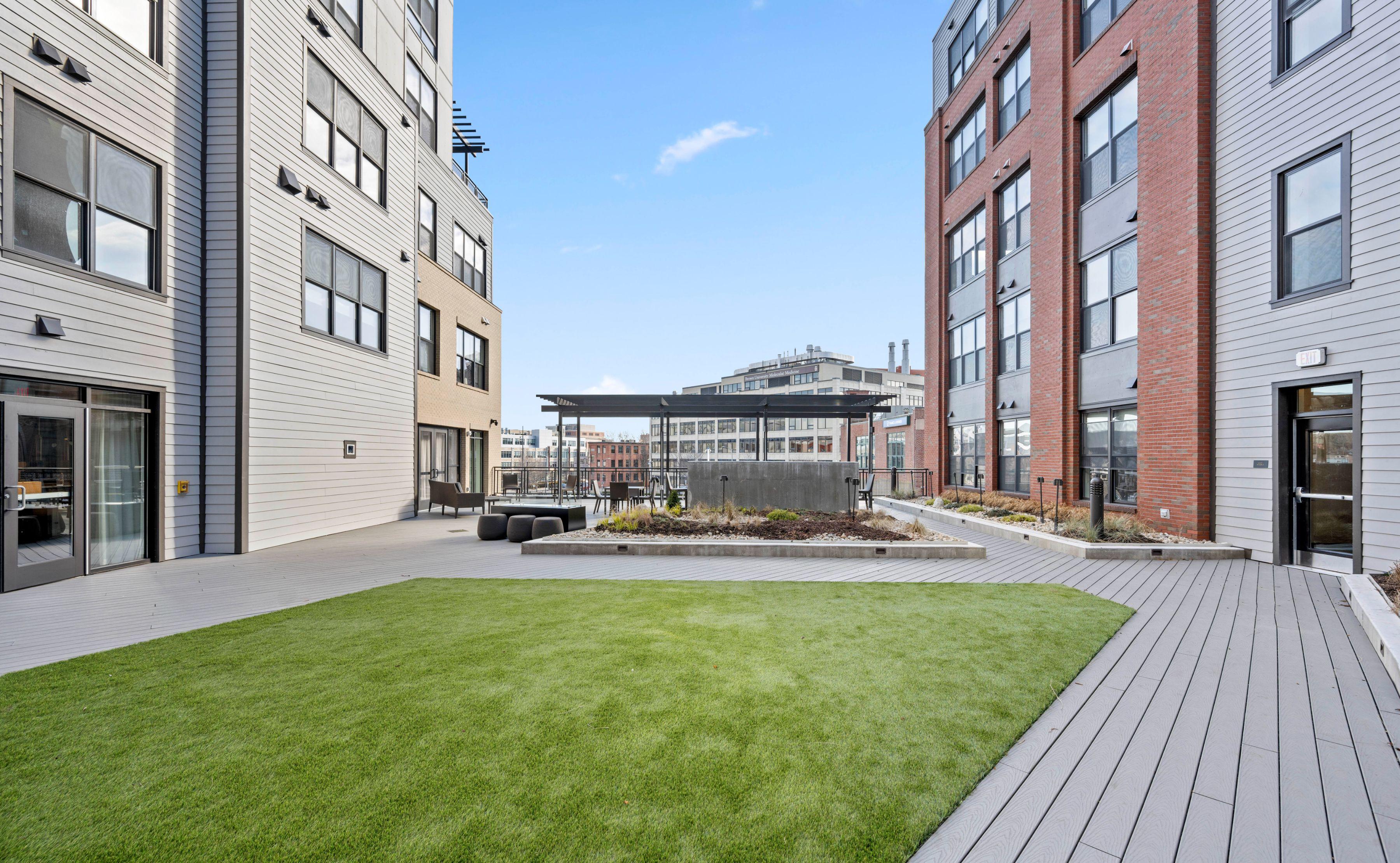 Rooftop courtyard with views of the Providence River