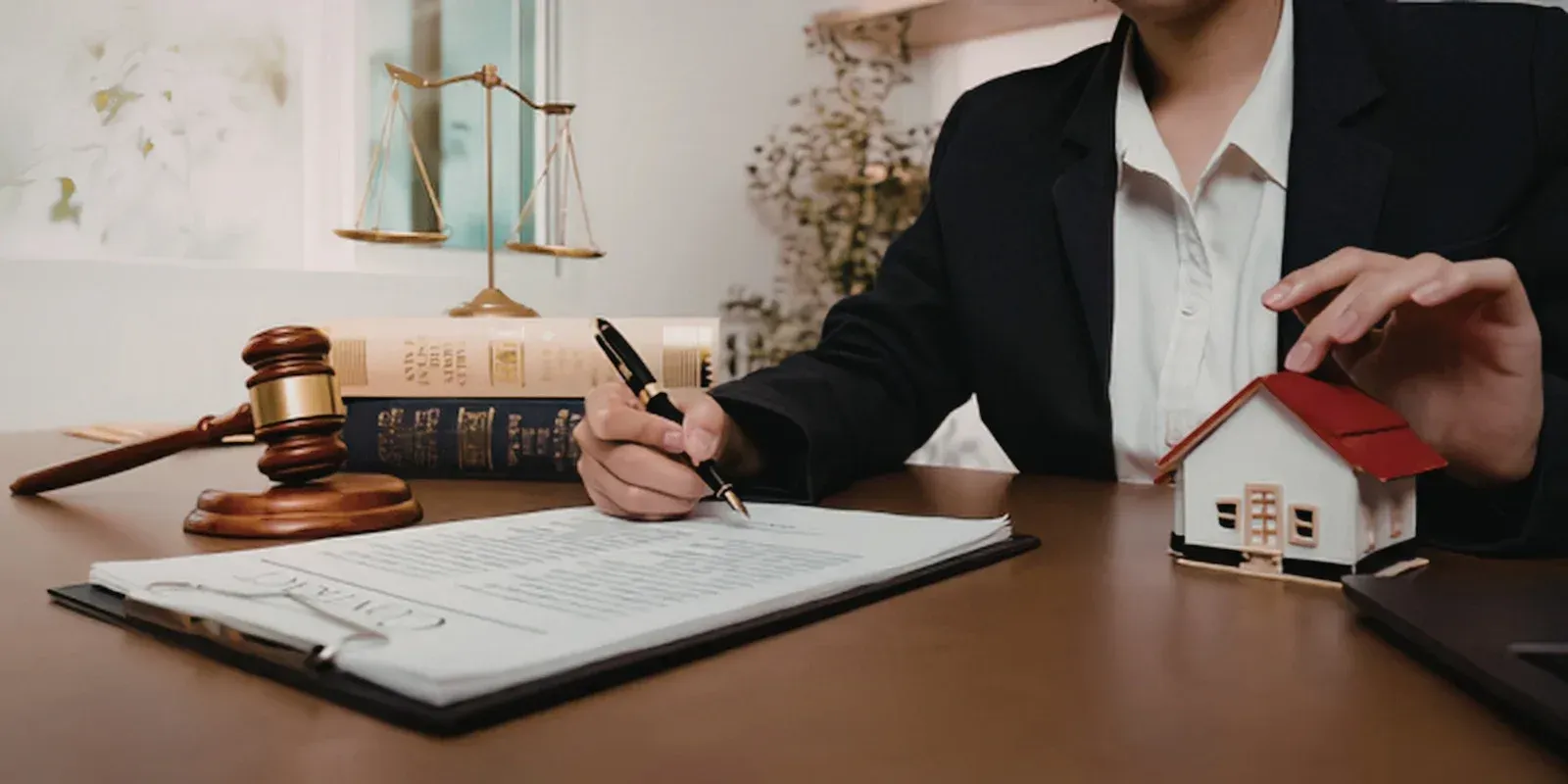 Legal professional signing documents beside gavel and house model, representing real estate law, contract approval, property ownership transfer, and professional legal assistance in closing and documentation services.