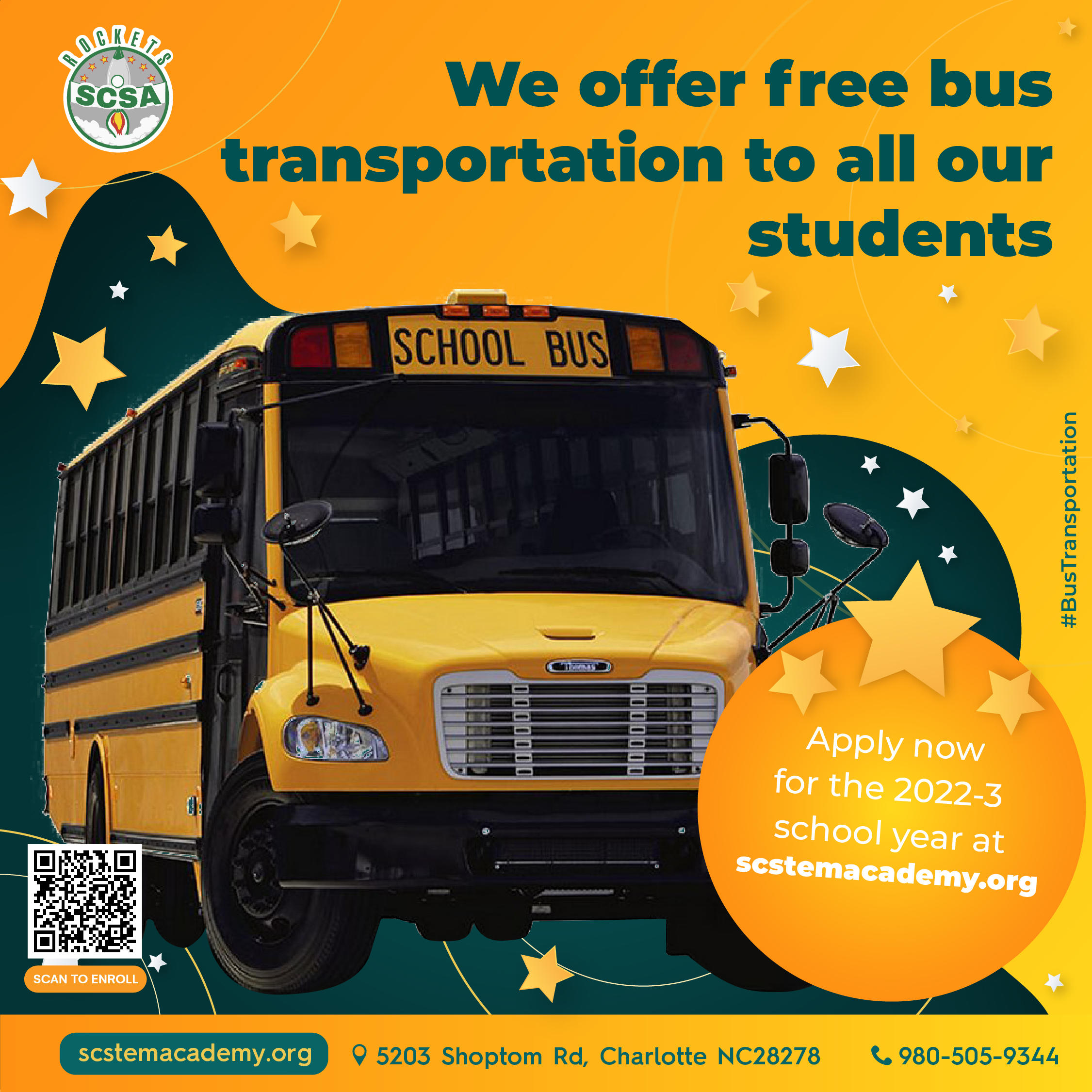 Southwest Charlotte STEM Academy school buses are a great space for students to get to know each other and feel like they are part of a community.  â¡ Enroll at Southwest Charlotte STEM Academy for the 2022-23 school year and experience our Free Bus Transportation Service. Apply today online at scstemacademy.org  BusTransportation  SchoolBus  BusService