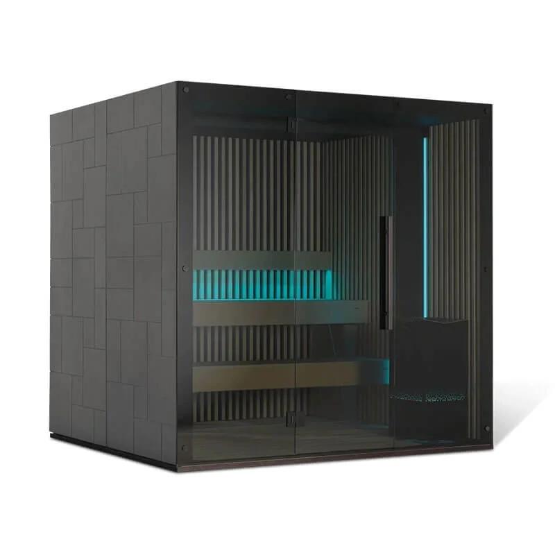 A luxury traditional sauna with dark grey exterior wood panels.