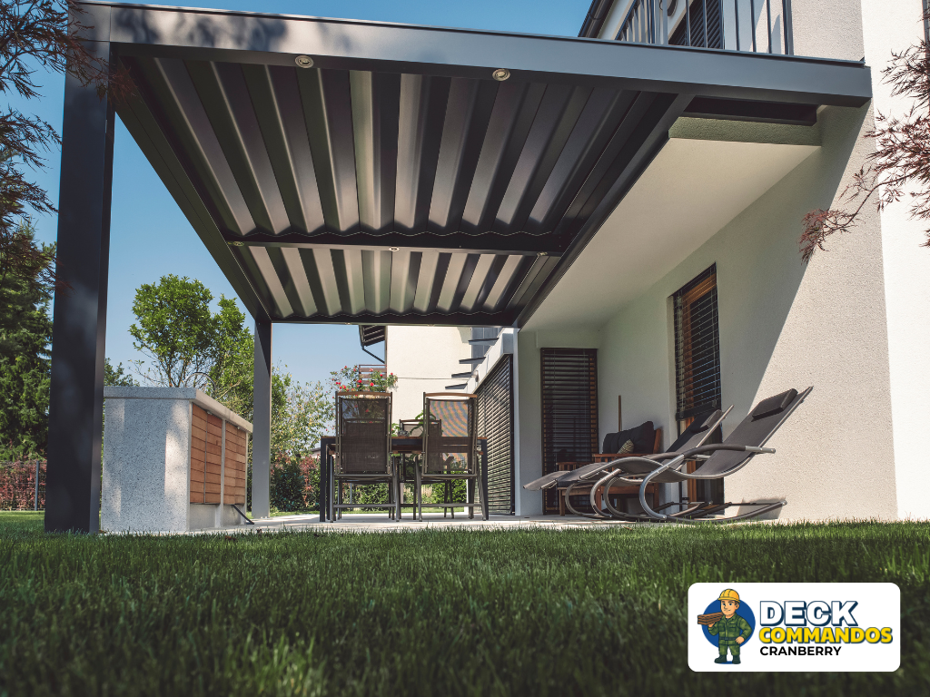 Motorized black StruXure pergola system providing shade for an outdoor lounge.