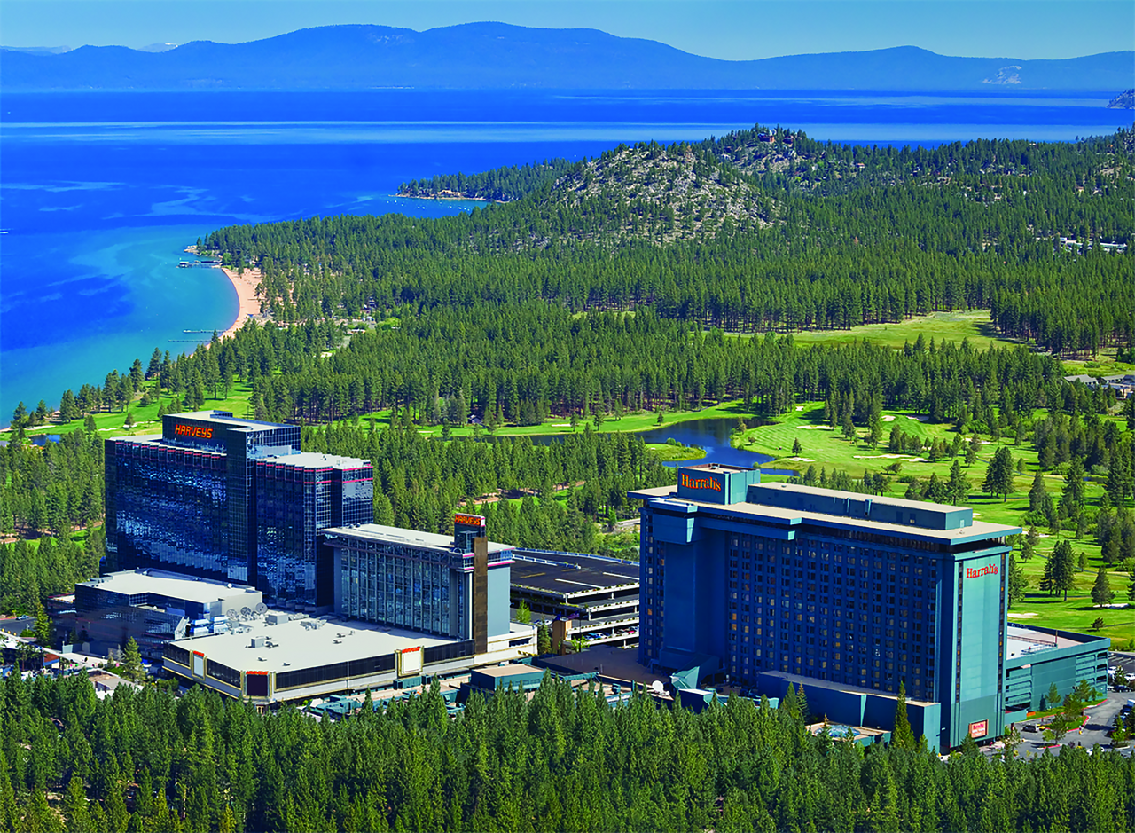 Harrah's Lake Tahoe exterior-1-4c-bu. At Harrah's Lake Tahoe you can relax in luxe hotel rooms with premier amenities, play the slots and tables at the casino, reserve a table at a world-class restaurant, and get in on the vibrant nightlife.