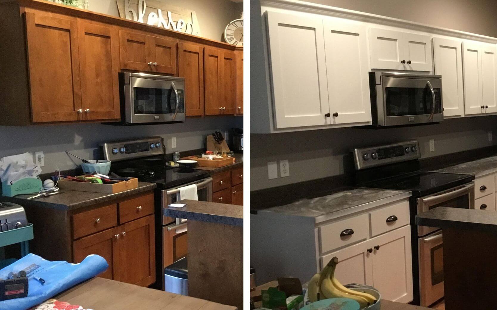 Before and after cabinet refinishing in Garretson, SD