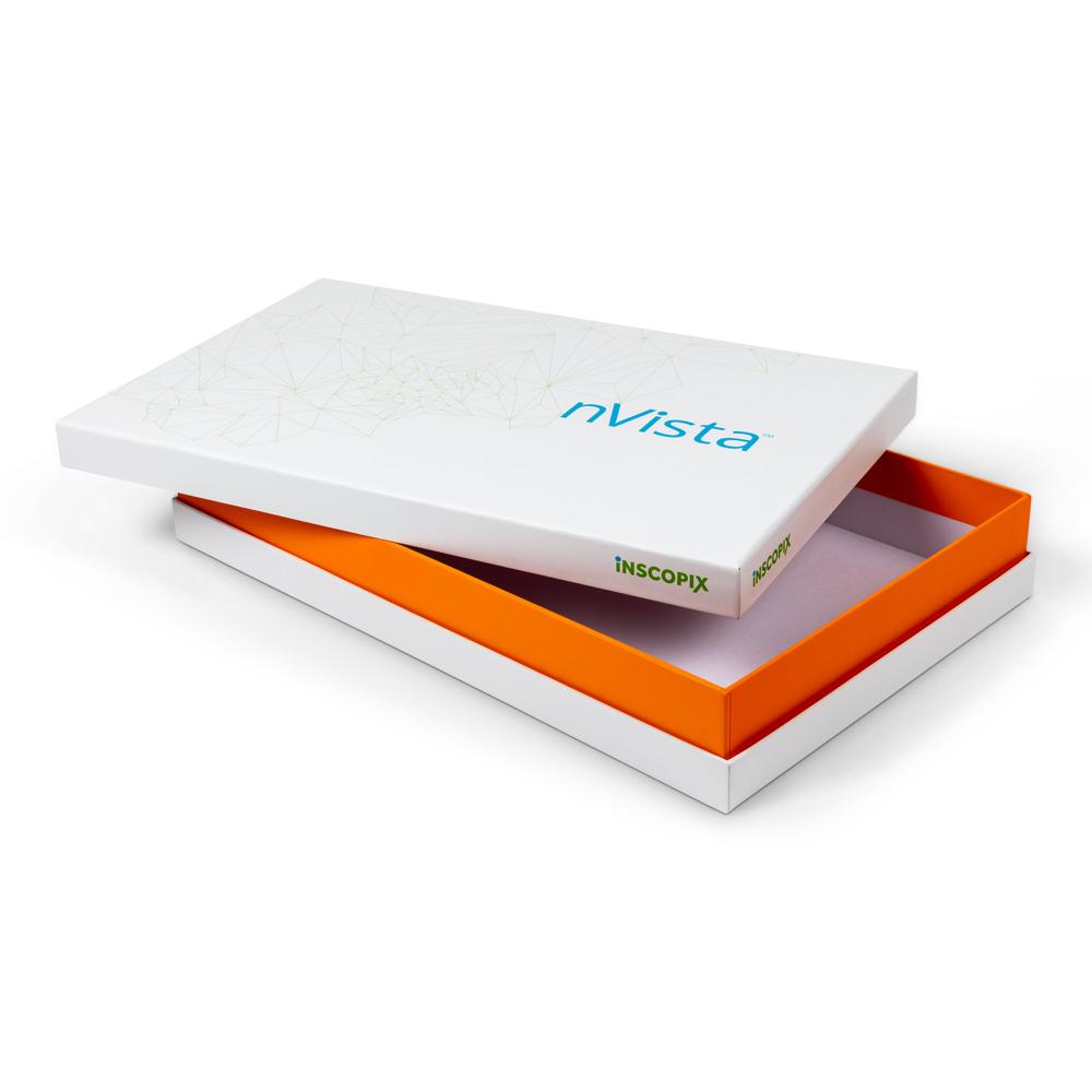 Two-piece rigid box for nVista by Inscopix. Custom packaging by PLC Print.