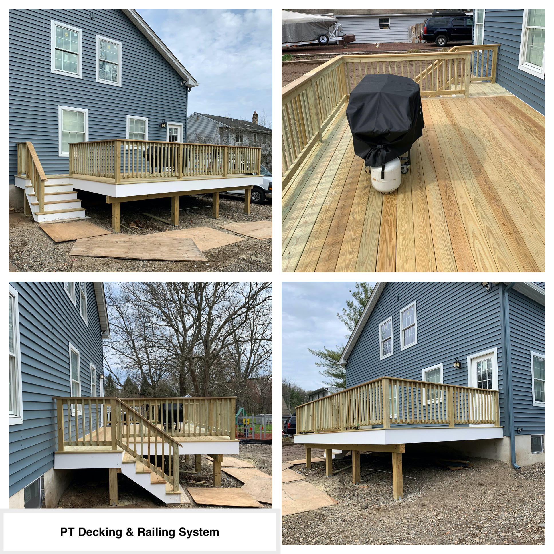 Completed Job in Warren, NJ. This beautiful home got a great new addition! This deck was framed and surfaced with Pressure Treated Wood decking and finished with a PT railing system and white PVC trim boards on perimeter of deck and risers