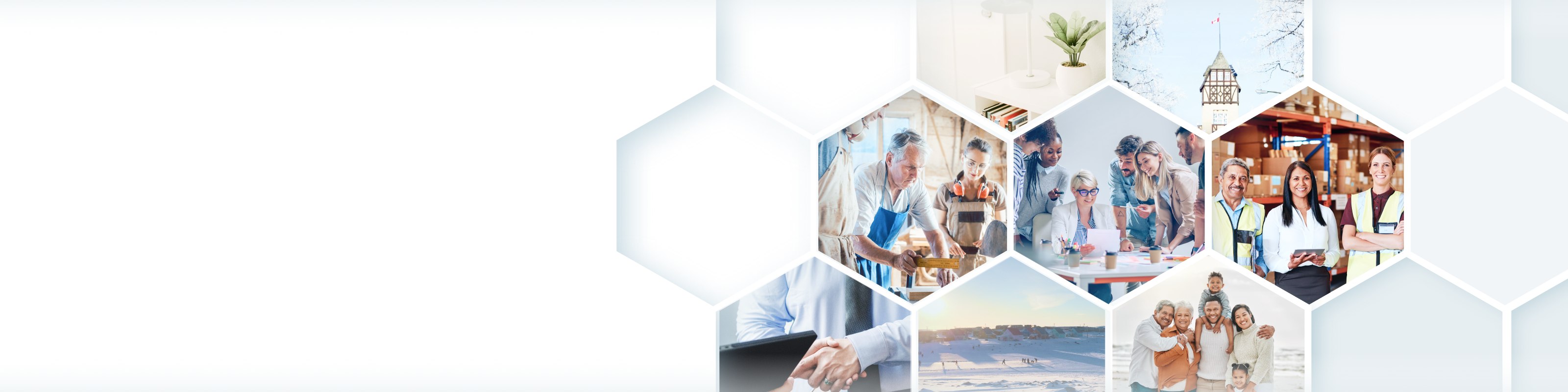 A collection of images including people working in a shop, people shaking hands, people gathered in a warehouse, a family, and people gathered around a table.